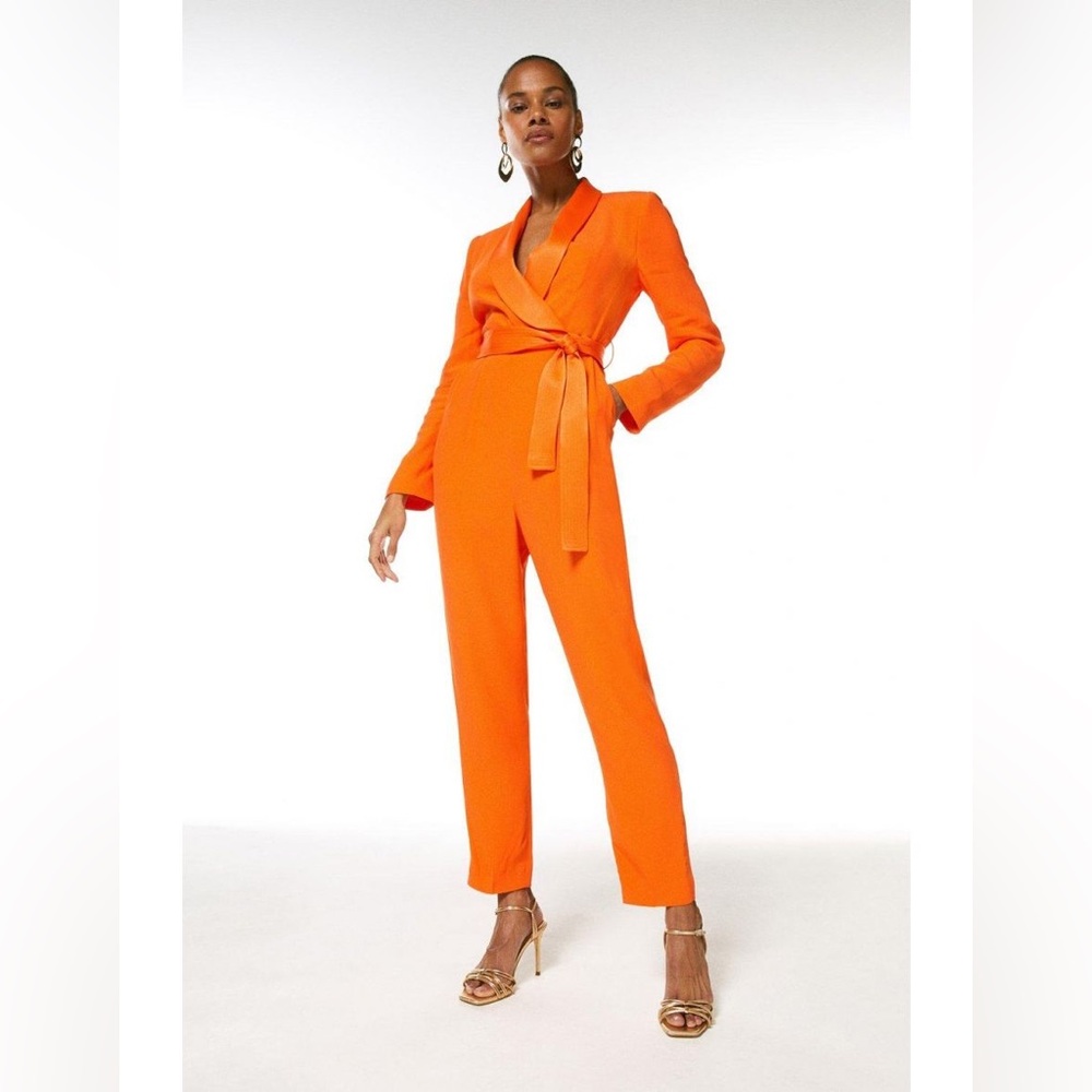 Elena- Orange Tuxedo Belted Wrap Jumpsuit